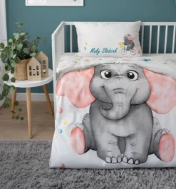 Komplet pościeli bawełnianej biało niebieskiej do łóżeczka 90x120 Słonik