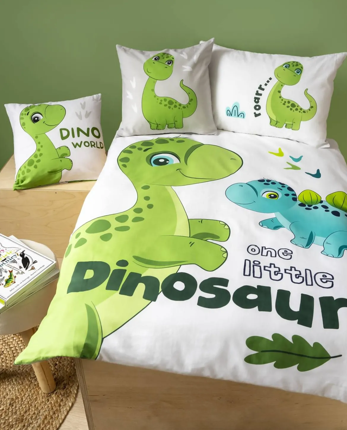 Komplet pościeli bawełnianej do łóżeczka 90x120 Zielony Dinozaur