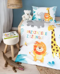 Komplet pościeli bawełnianej popielaty słoń do łóżeczka 90x120 Przyjaciele z dżungli