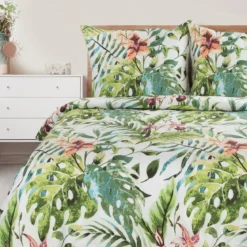 Komplet pościeli białej Sonia 100% bawełniana 140x200 w liście monstery
