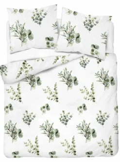 Komplet pościeli Home Satin z satyny bawełnianej 160x200 w zielone gałązki eukaliptusa