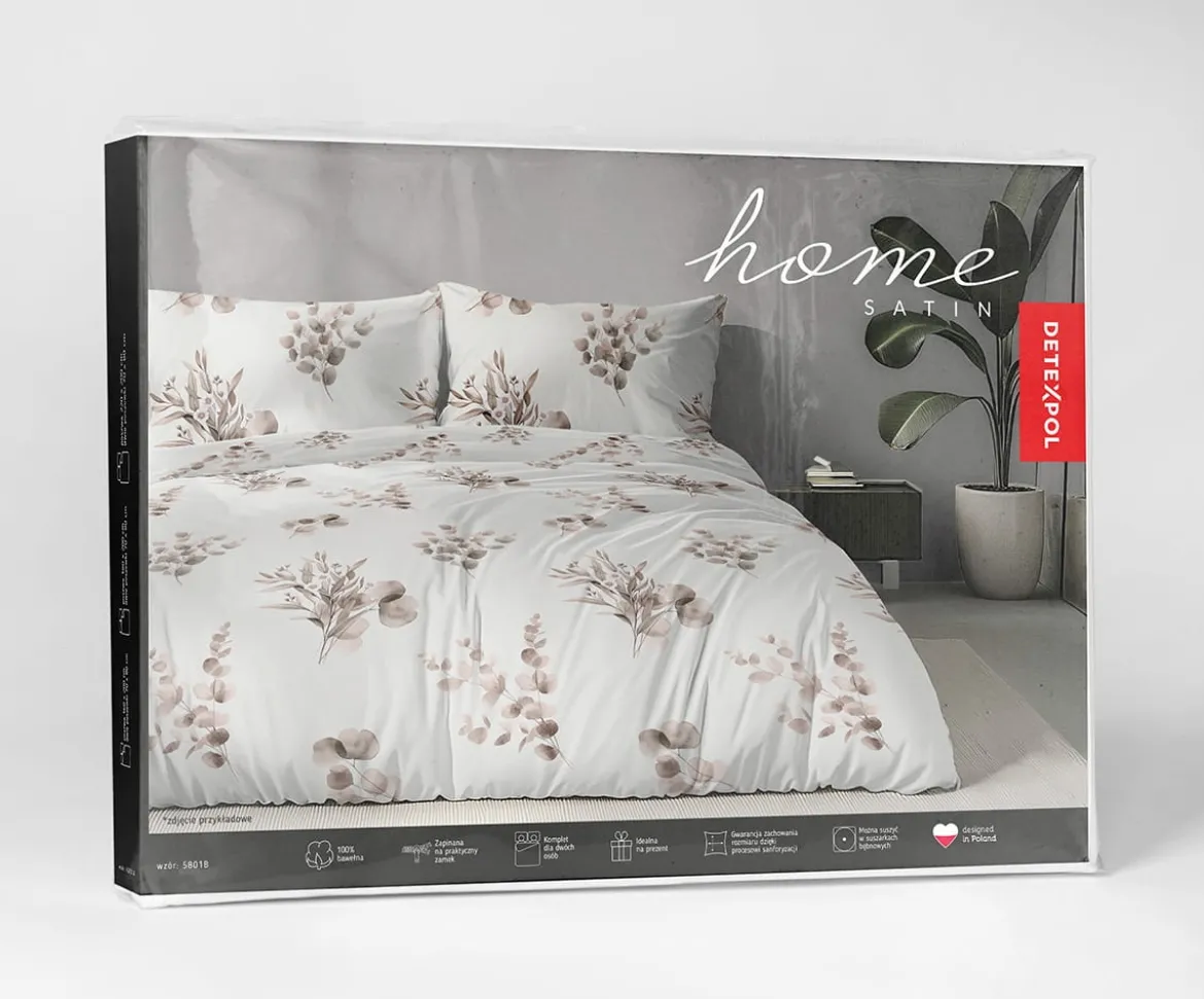 Komplet pościeli Home Satin z satyny bawełnianej 160x200 w beżowe gałązki eukaliptusa