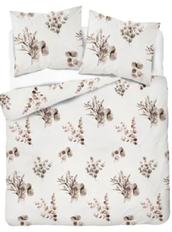 Komplet pościeli Home Satin z satyny bawełnianej 160x200 w beżowe gałązki eukaliptusa