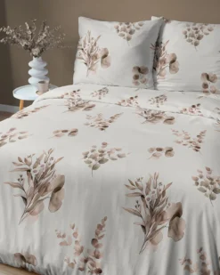 Komplet pościeli Home Satin z satyny bawełnianej 160x200 w beżowe gałązki eukaliptusa
