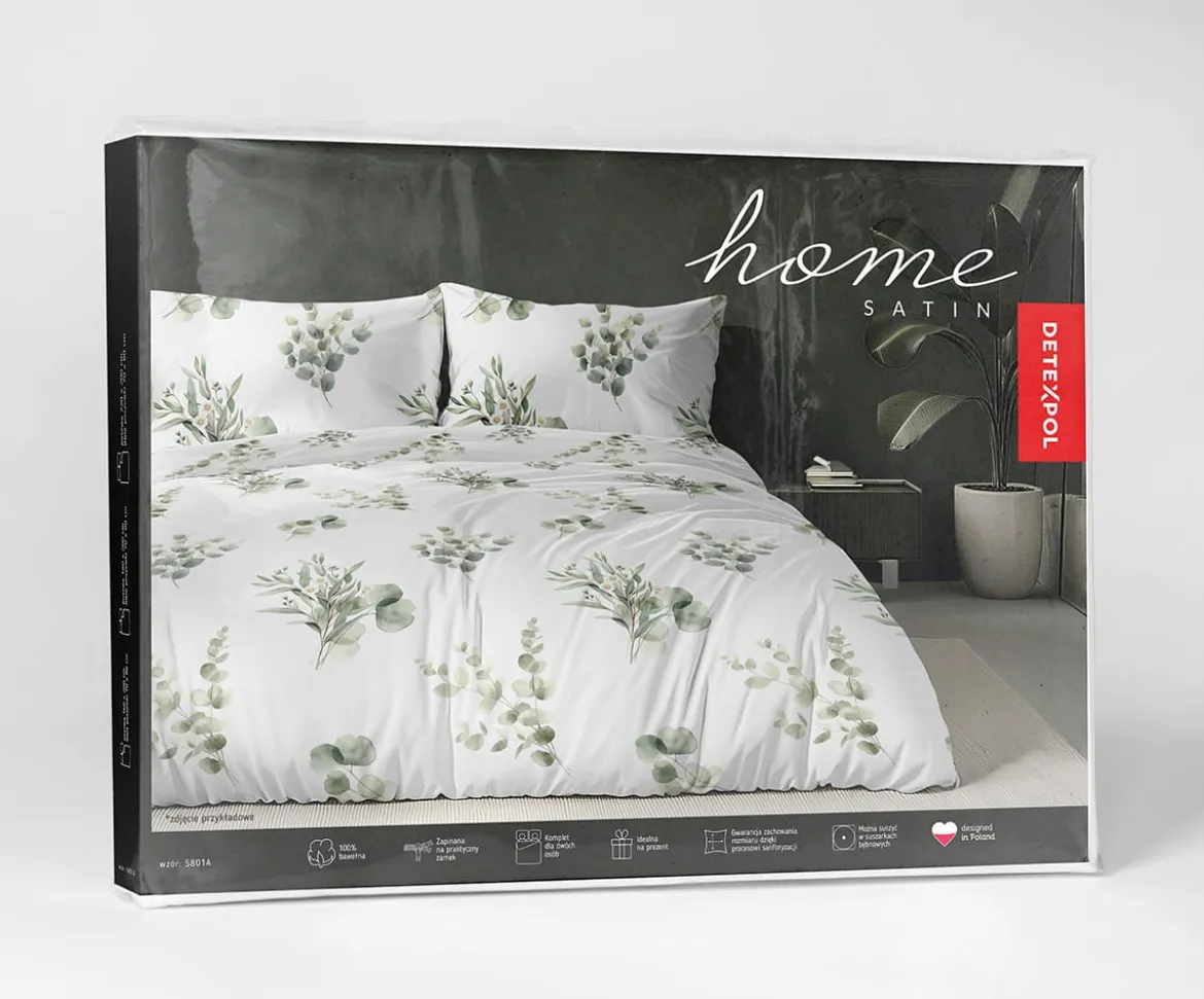 Komplet pościeli Home Satin z satyny bawełnianej 220x200 w zielone gałązki eukaliptusa
