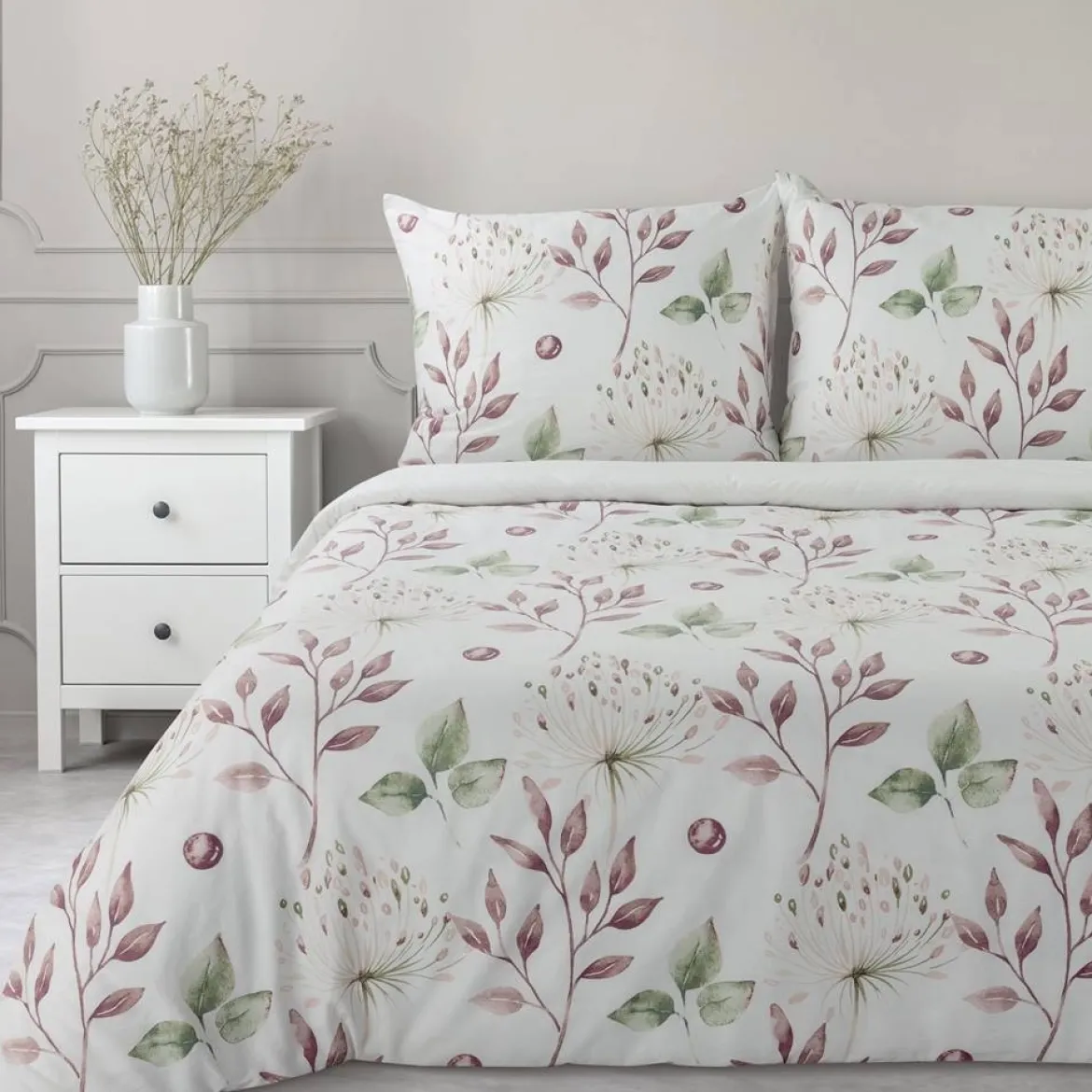 Komplet pościeli Sonia 100% bawełniana biała 220x200 w liście
