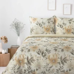 Komplet pościeli Sonia kremowej 100% bawełniana 220x200 w duże beżowe kwiaty