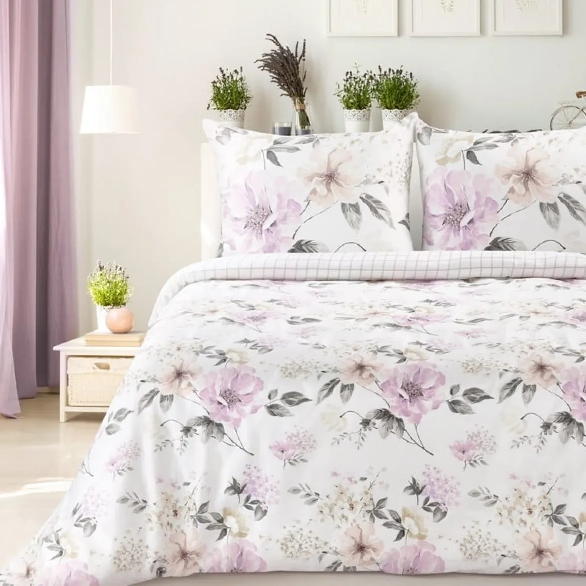 Komplet pościeli z bawełny satynowej 220x200 w różowe kwiaty Spring