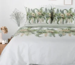 Komplet pościeli z bawełny satynowej biało miętowej Spring 220x200 w kremowe kwiaty w liściach
