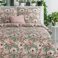 Komplet pościeli z bawełny satynowej oliwkowej Spring 220x200 w różowe kwiaty