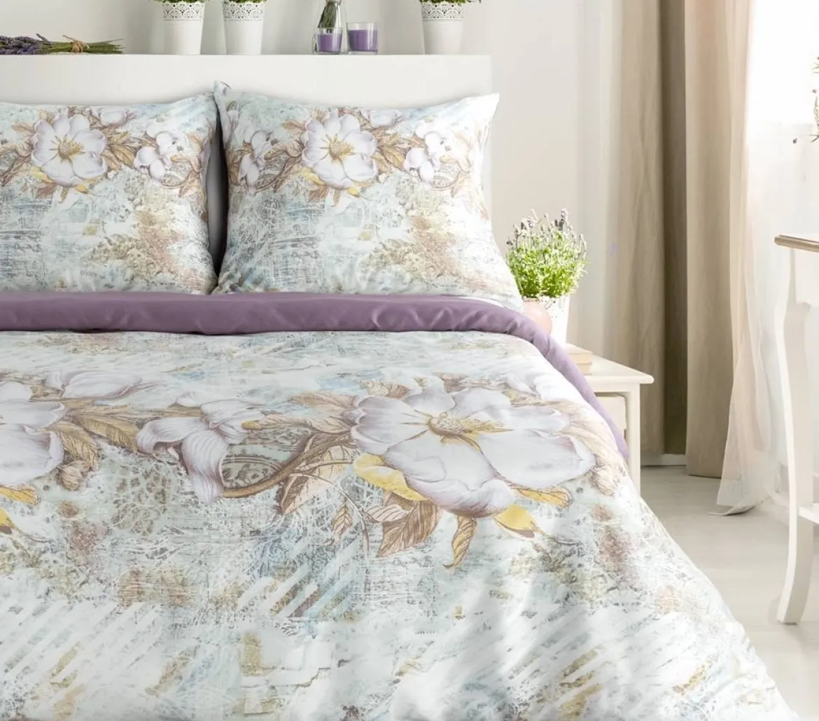 Komplet pościeli z bawełny satynowej Spring 220x200 w białe kwiaty