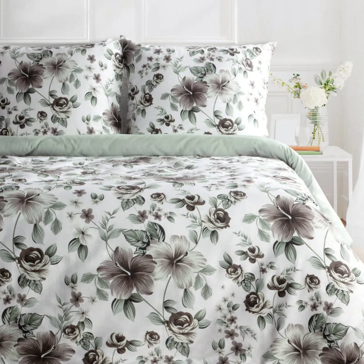Komplet pościeli z bawełny satynowej Spring 220x200 w hibiskusy i róże