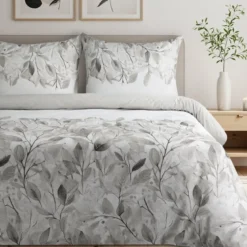 Komplet pościeli z bawełny satynowej Spring 220x200 w srebrne i popielate liście