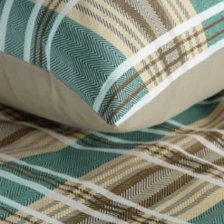Komplet pościeli z bawełny satynowej Spring 220x200 zielono beżowa w kratę
