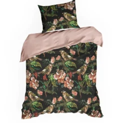 Komplet pościeli z bawełny satynowej czarno różowej Spring 140x200 w ptaszki
