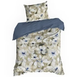 Komplet pościeli z bawełny satynowej Spring 140x200 w beżowo błękitne kwiaty