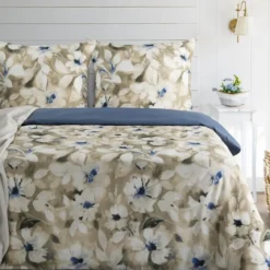 Komplet pościeli z bawełny satynowej Spring 140x200 w beżowo błękitne kwiaty