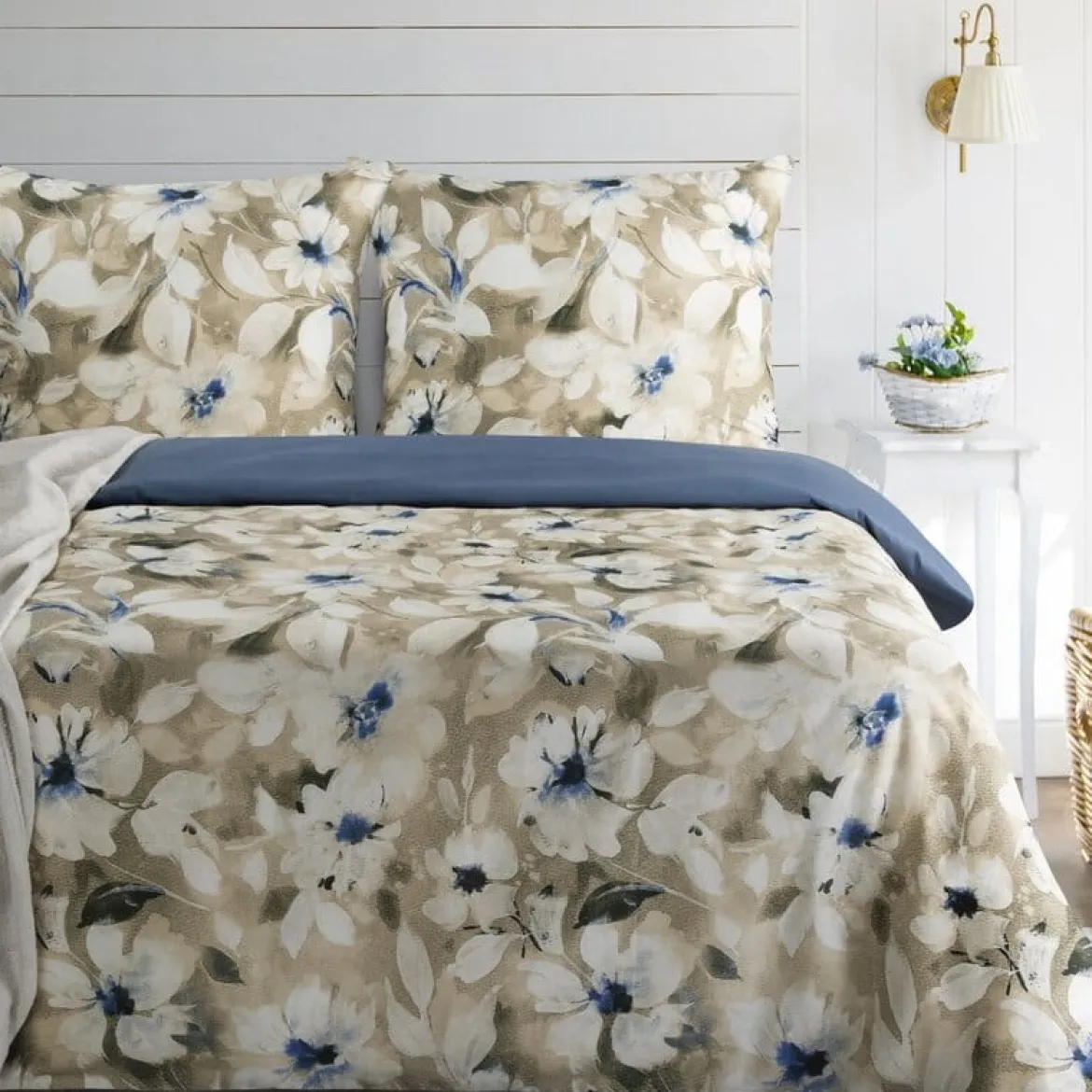 Komplet pościeli z bawełny satynowej Spring 140x200 w beżowo błękitne kwiaty