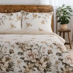 Komplet pościeli z bawełny satynowej Spring 140x200 w beżowo brązowe kwiaty