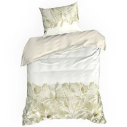 Komplet pościeli z bawełny satynowej w liście Spring 140x200 w beżu i złamanej bieli