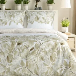 Komplet pościeli z bawełny satynowej w liście Spring 160x200 w beżu i złamanej bieli