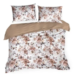 Komplet pościeli z bawełny satynowej Spring 160x200 beżowe, brązowe i pudrowe kwiaty