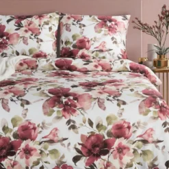 Komplet pościeli z bawełny satynowej Spring 160x200 w czerwone, bordowe i pudrowe kwiaty