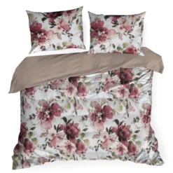 Komplet pościeli z bawełny satynowej Spring 160x200 w czerwone, bordowe i pudrowe kwiaty
