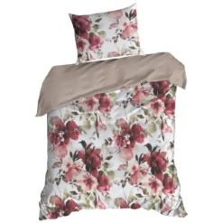 Komplet pościeli z bawełny satynowej Spring 140x200 w czerwone, bordowe i pudrowe kwiaty