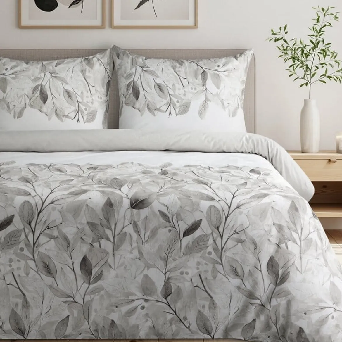 Komplet pościeli z bawełny satynowej Spring 160x200 w srebrne i popielate liście