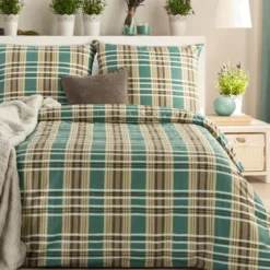 Komplet pościeli z bawełny satynowej Spring 160x200 zielono beżowa w kratę