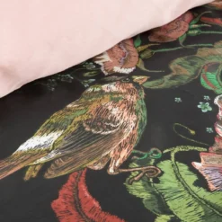 Komplet pościeli z bawełny satynowej czarno różowej Spring 160x200 w ptaszki