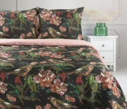 Komplet pościeli z bawełny satynowej czarno różowej Spring 160x200 w ptaszki