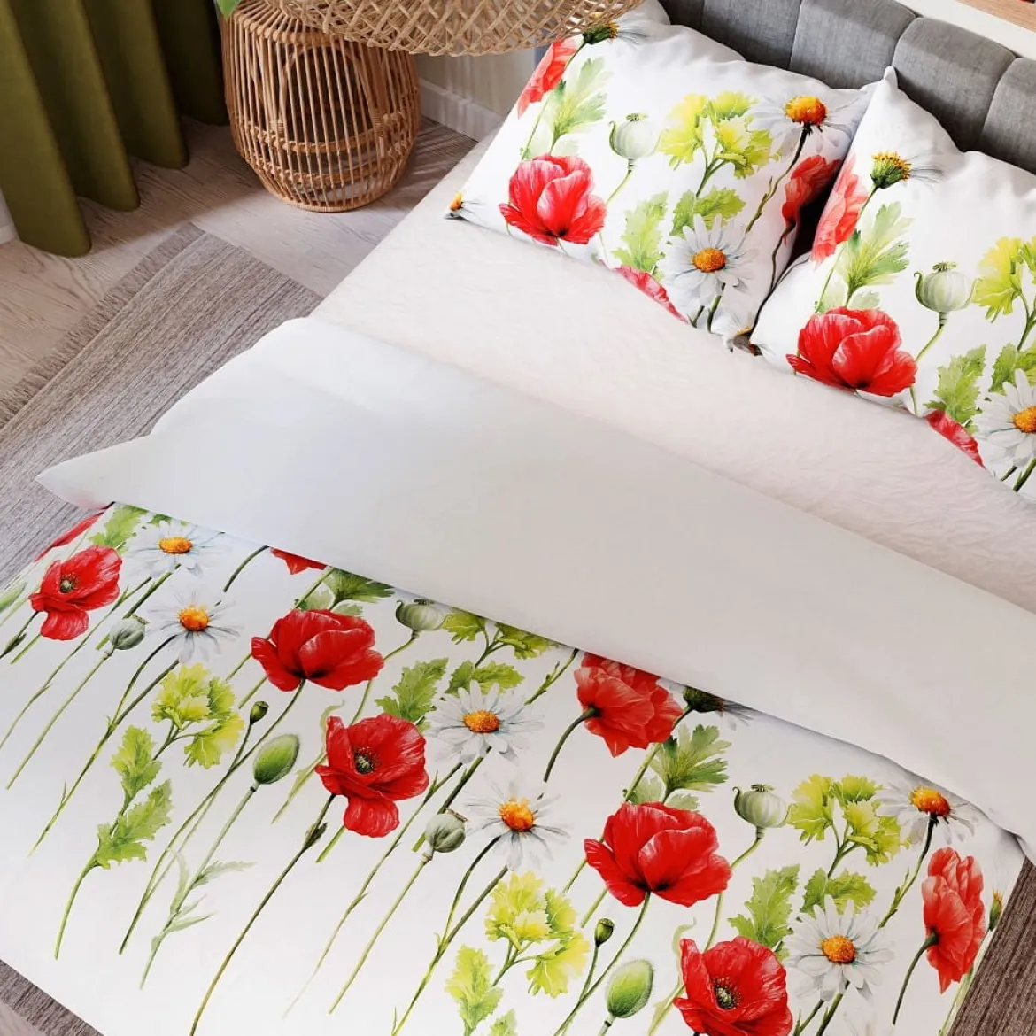 Komplet pościeli z bawełny satynowej 220x200 w maki i margaretki
