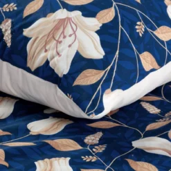 Komplet pościeli z bawełny satynowej granatowej w beżowe kwiaty 220x200 Nika