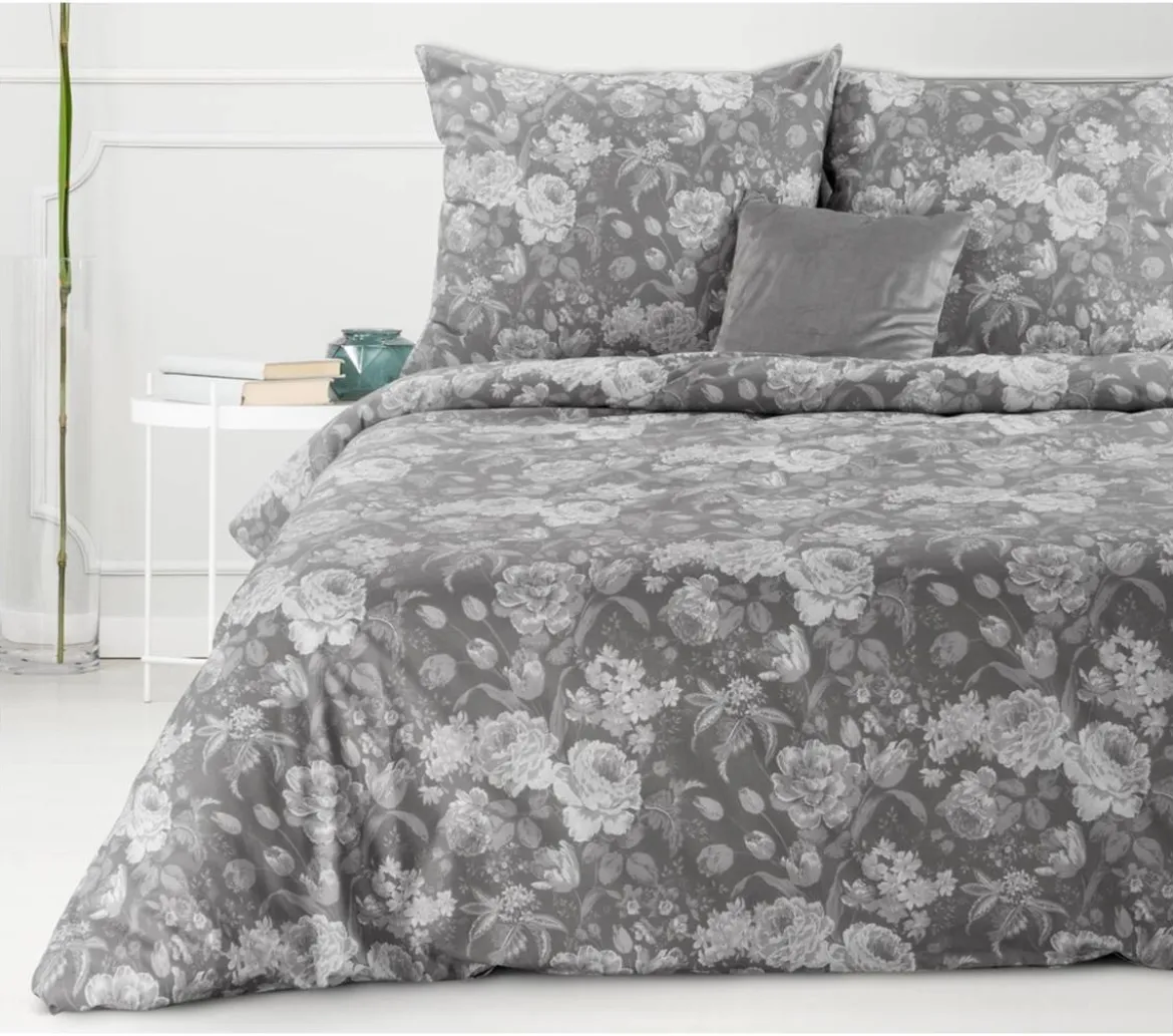 Komplet pościeli z bawełny stalowej 160x200 w kwiaty Sara