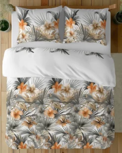 Komplet pościeli z satyny bawełnianej 220x200 w pomarańczowe hibiskusy Home Satin