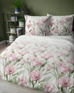 Komplet pościeli z satyny bawełnianej 220x200 w różowe kwiaty eustomy Home Satin