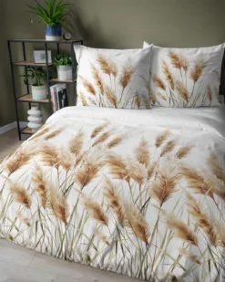 Komplet pościeli z satyny bawełnianej białej 220x200 w kłosy traw pampasowych Home Satin
