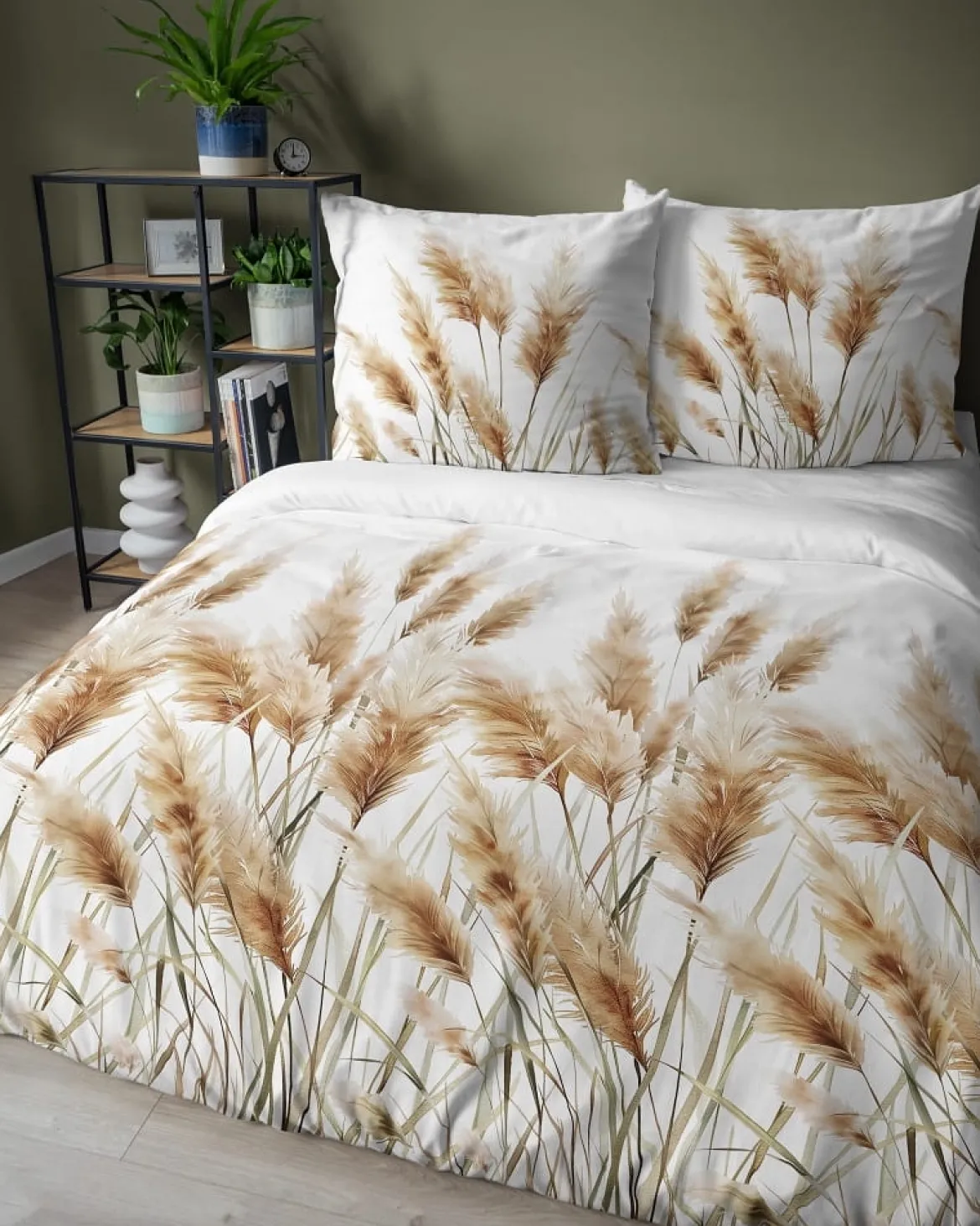Komplet pościeli z satyny bawełnianej białej 220x200 w kłosy traw pampasowych Home Satin