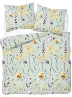 Komplet pościeli z satyny bawełnianej miętowej 220x200 w fioletowe kwiaty Home Satin