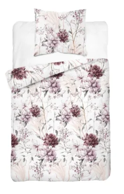 Komplet pościeli z satyny bawełnianej 140x200 w bordowe peonie i hortensje Home Satin