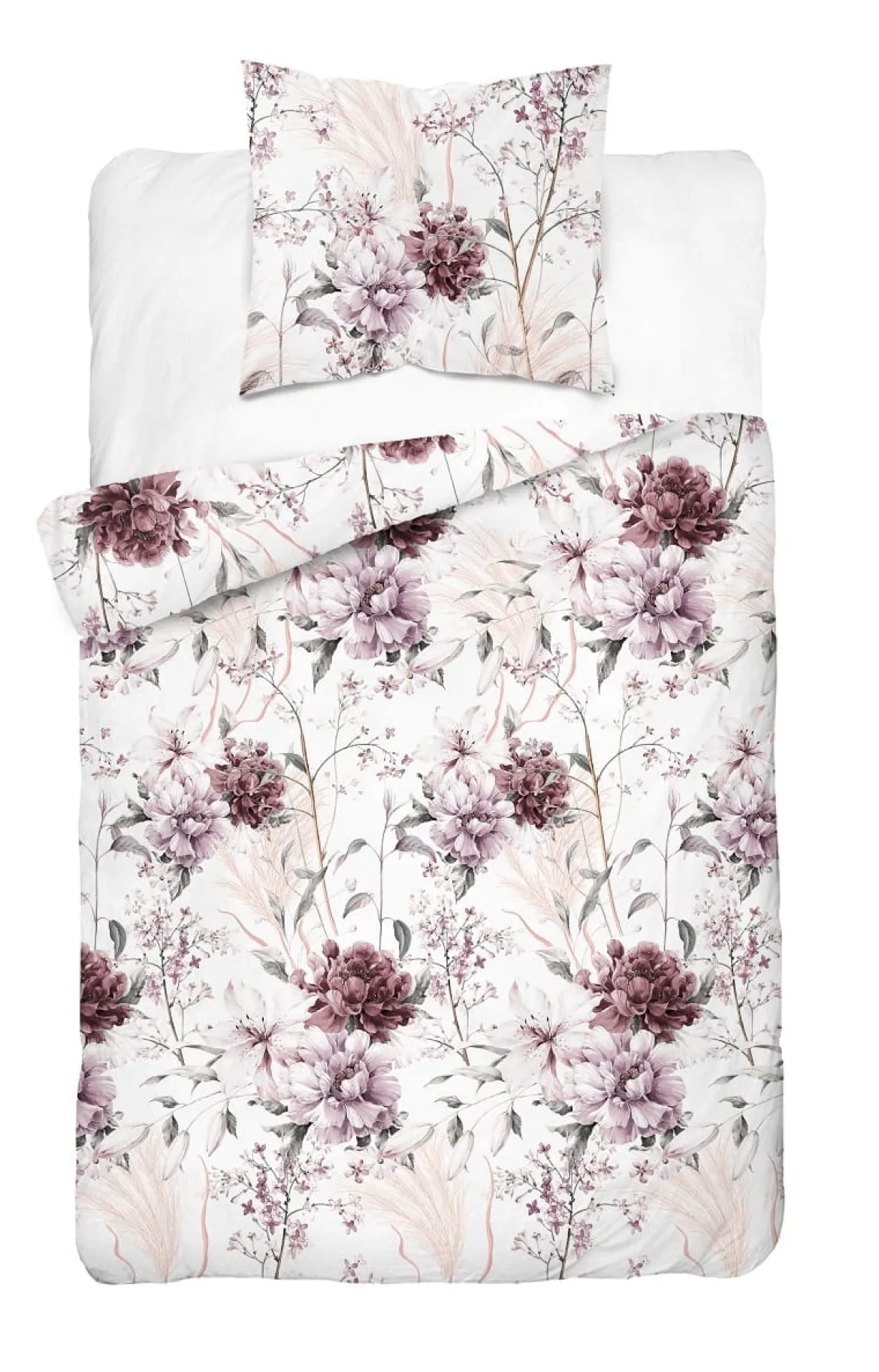 Komplet pościeli z satyny bawełnianej 140x200 w bordowe peonie i hortensje Home Satin