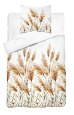 Komplet pościeli z satyny bawełnianej białej 140x200 w kłosy traw popasowych Home Satin