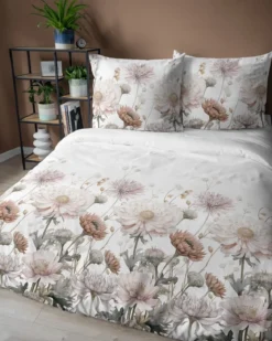 Komplet pościeli z satyny bawełnianej 160x200 w pudrowe, beżowe i kremowe kwiaty Home Satin