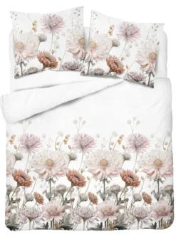 Komplet pościeli z satyny bawełnianej 160x200 w pudrowe, beżowe i kremowe kwiaty Home Satin
