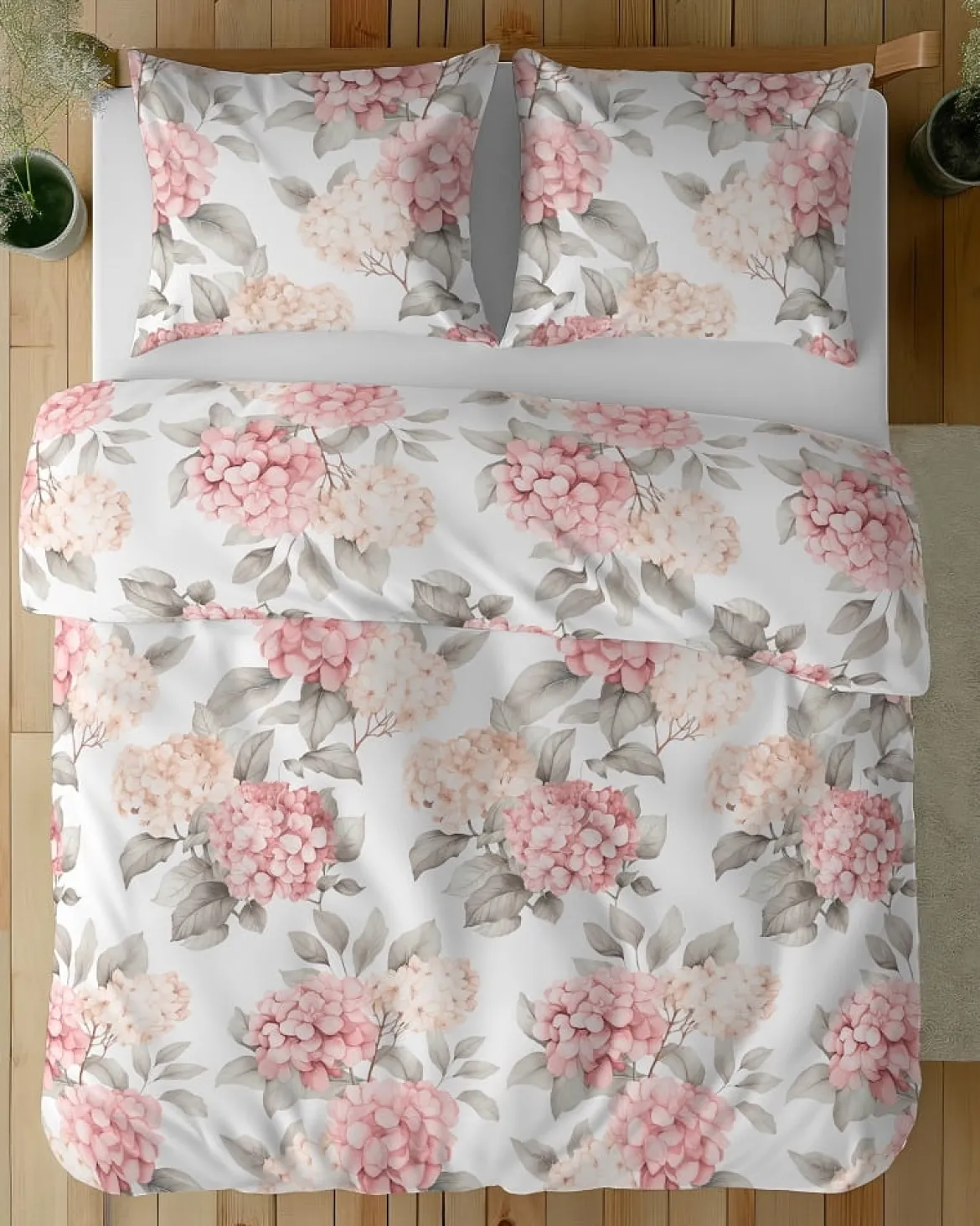 Komplet pościeli z satyny bawełnianej 160x200 w różowe hortensje Home Satin