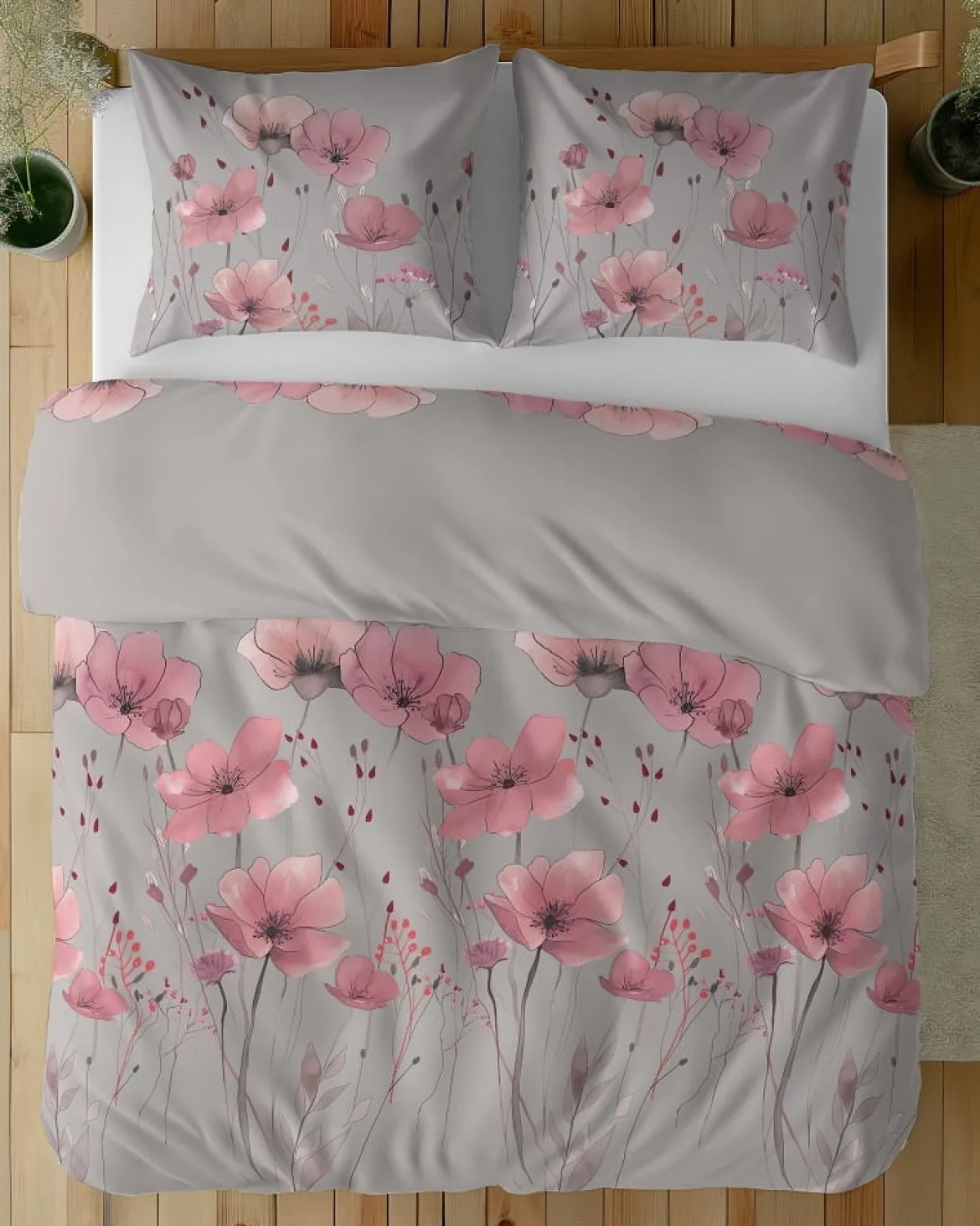 Komplet pościeli z satyny bawełnianej 160x200 w różowe maki