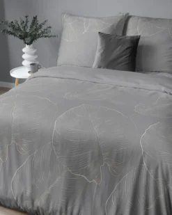 Komplet pościeli z satyny bawełnianej ciemnoszarej 160x200 w liście Home Satin