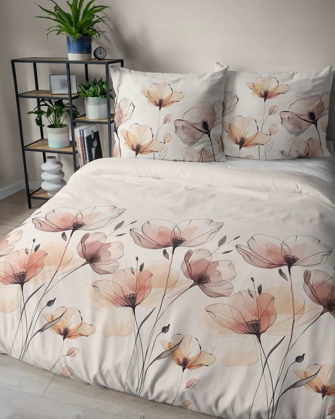 Komplet pościeli z satyny bawełnianej kremowej 160x200 w maki